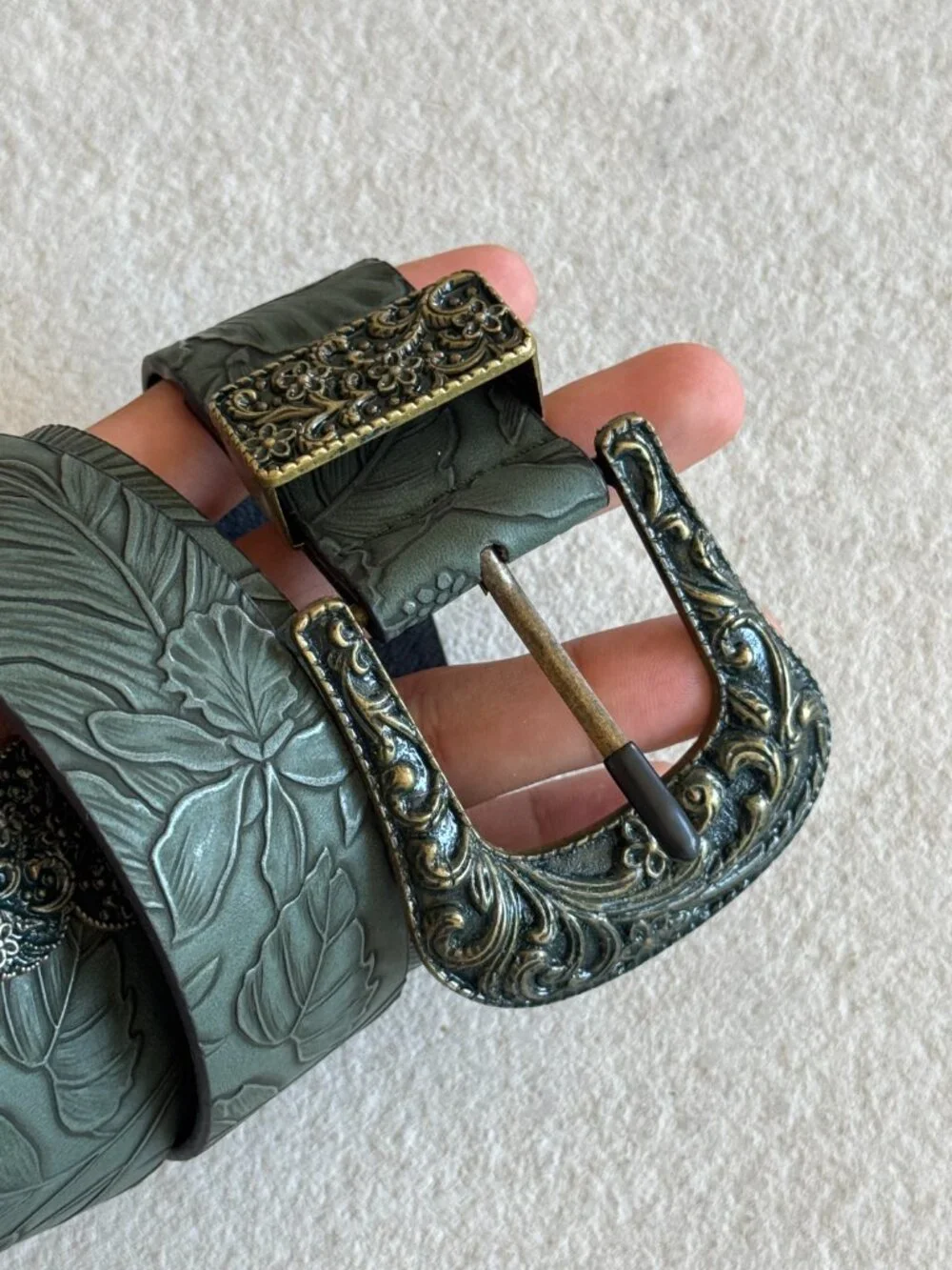 Olive Floral Embossed Western Belt